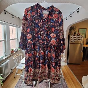 Anthropologie Floral & Gold Thread Dress, Size S